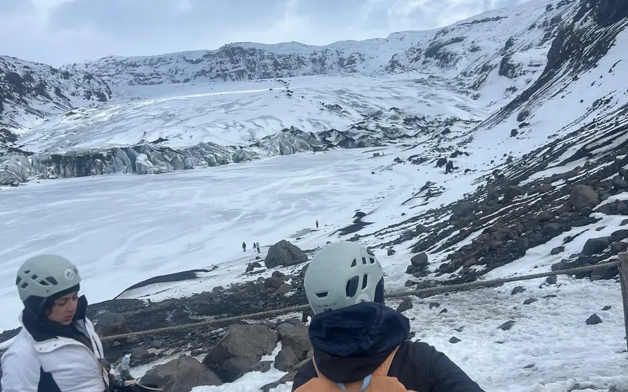 A guided group in crampons on the ice of Sólheimajökull glacier in Iceland